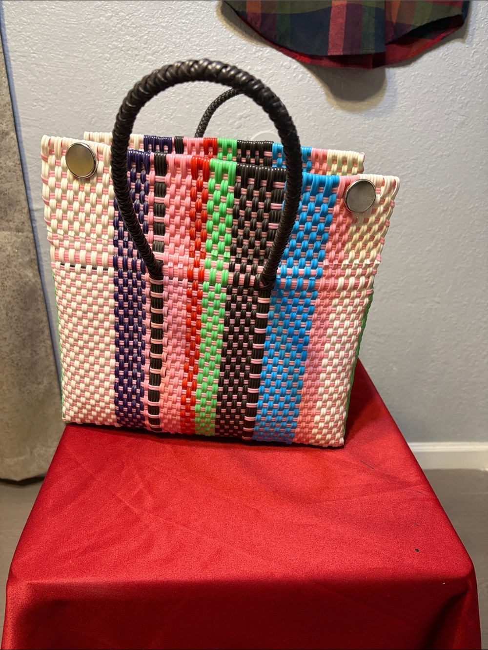 Multicolor Striped Woven Tote Bag with Black Wrapped Handles